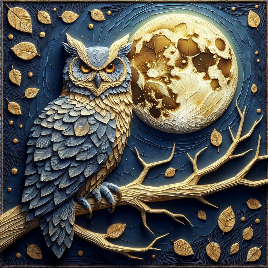 Majestic Owl on Branch in Fantasy Night Scene