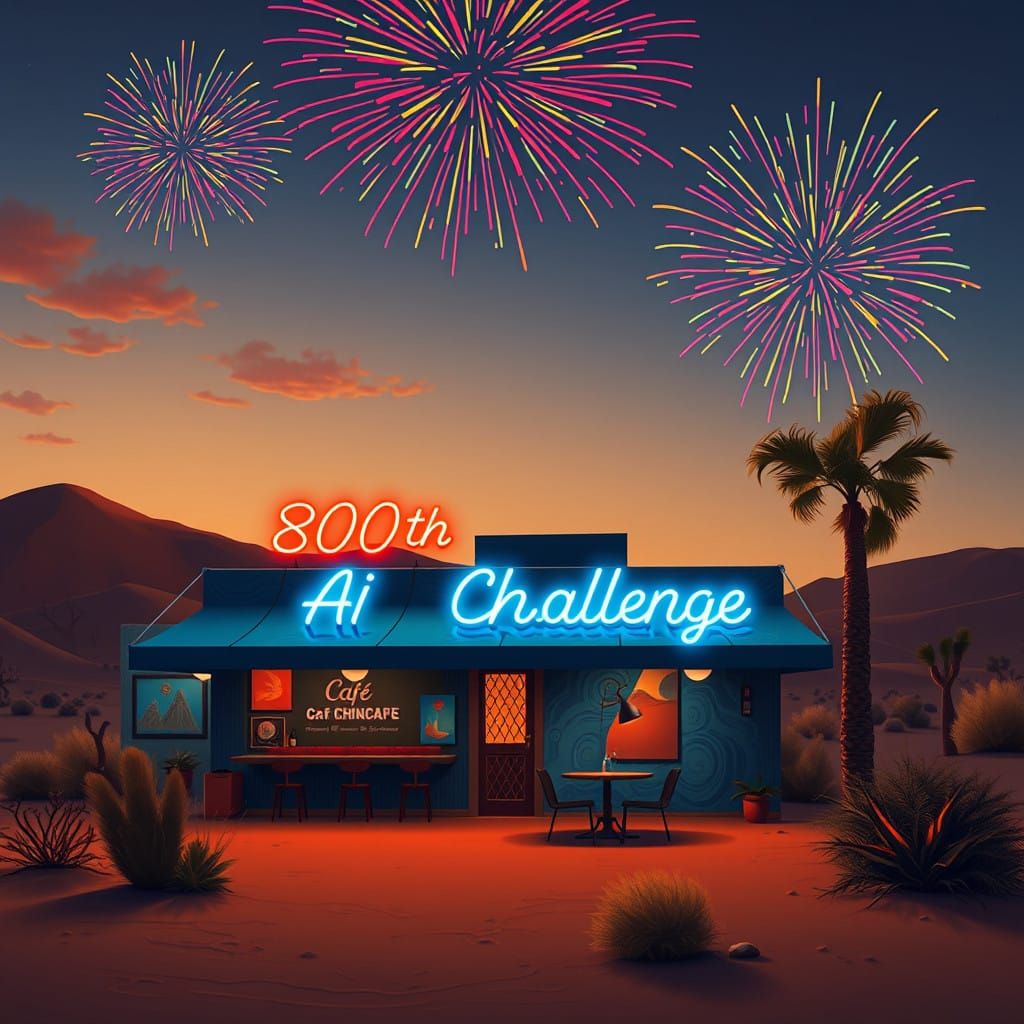 Cafe Amidst Vibrant Desert Sunset with Fireworks