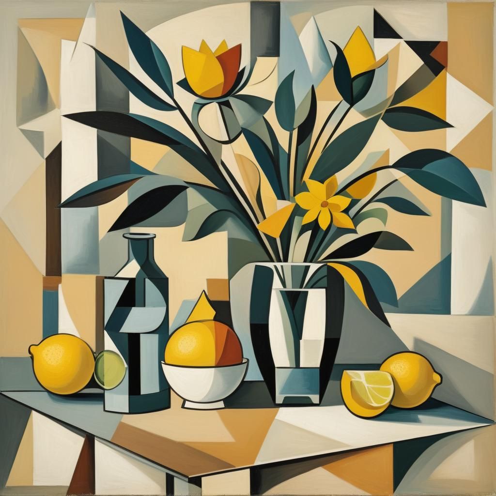 Cubist Still Life: Flower and Lemon in Geometric Style