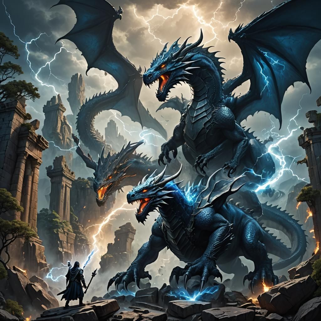 Dragons Clash Under Lightning, Dark Fantasy Art