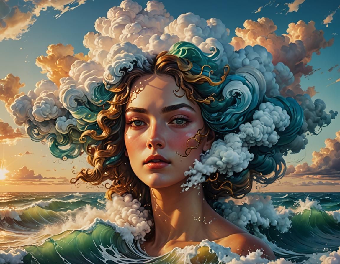 Female Face Cloud Creates Sea Waves: Baroque Oil Painting