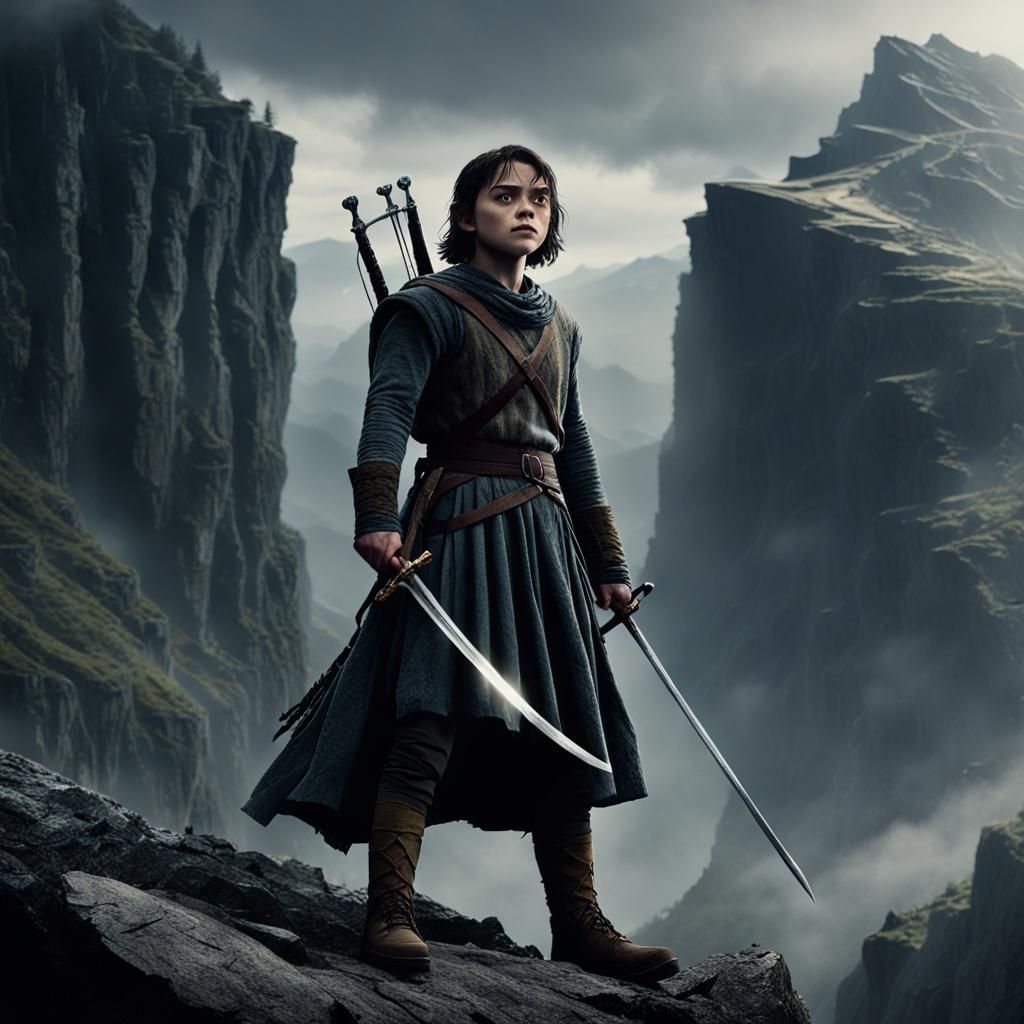 Arya Stark Fiercely Ready on Mountain Cliff