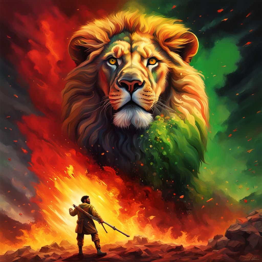 Hyperrealistic Rastafarian Lion Savior in Fiery Art