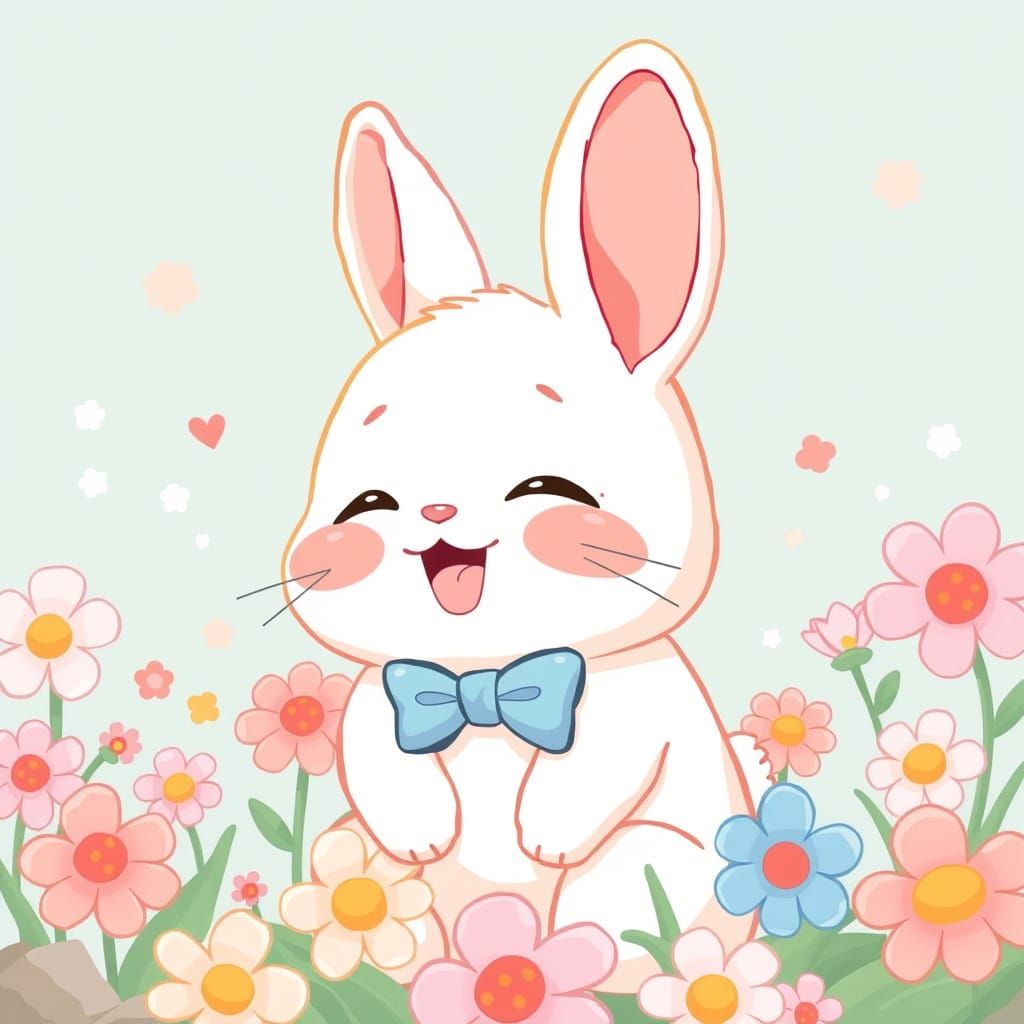 Kawaii Bunny Giggles in a Cartoon Anime Garden