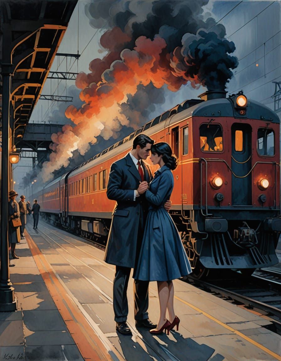 Elegant Train Station Romance in Watercolor Style