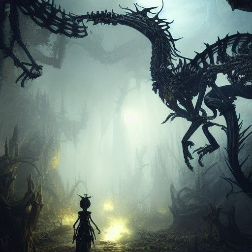 Steampunk Skeleton Dragon in Dark Fantasy Forest