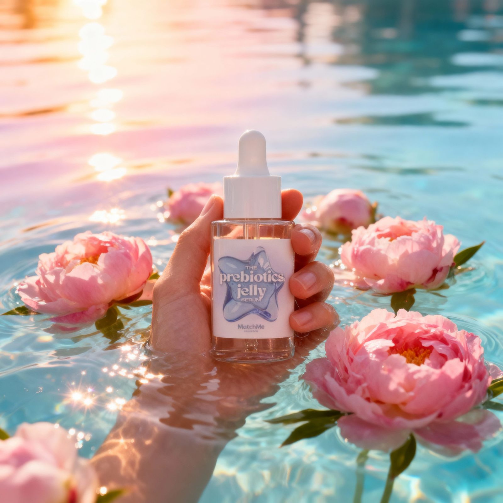 Serene Hand Holding Serum Bottle in Golden Hour Pool Water