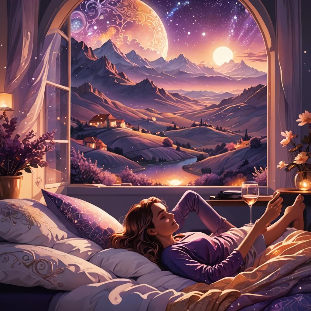 Girl in Bed Watching Netflix with Dreamy Landscape