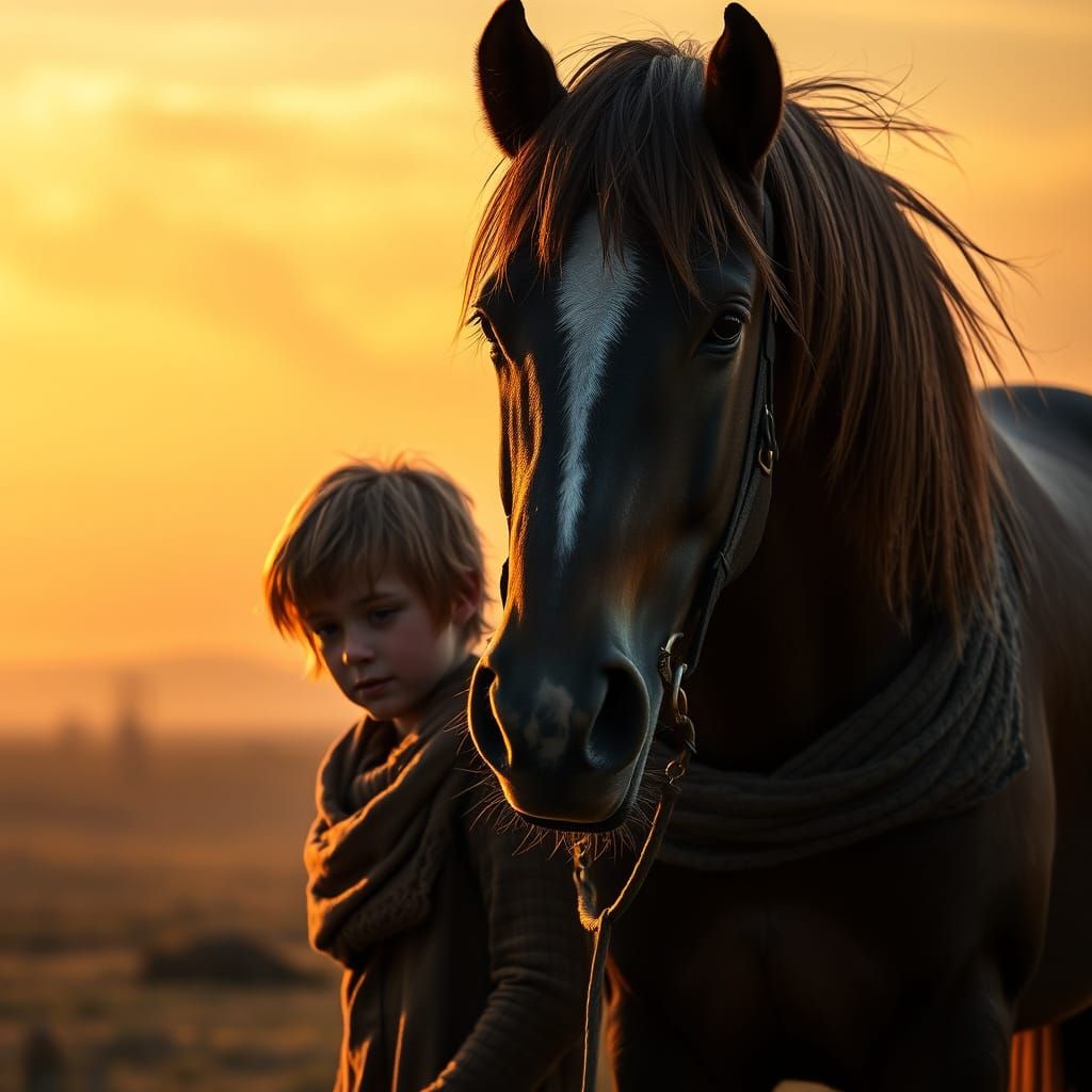 Majestic Horse and Young Boy in Sunset Landscape