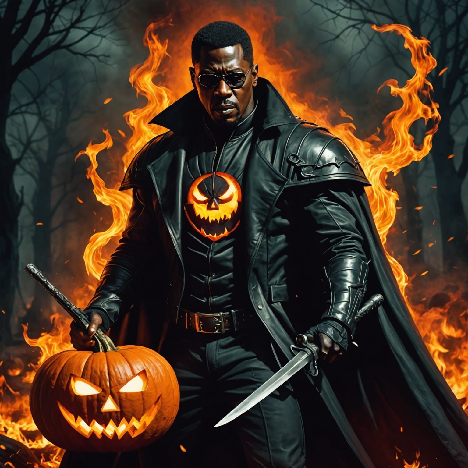 Blade at Halloween with Flaming Jack O'Lantern