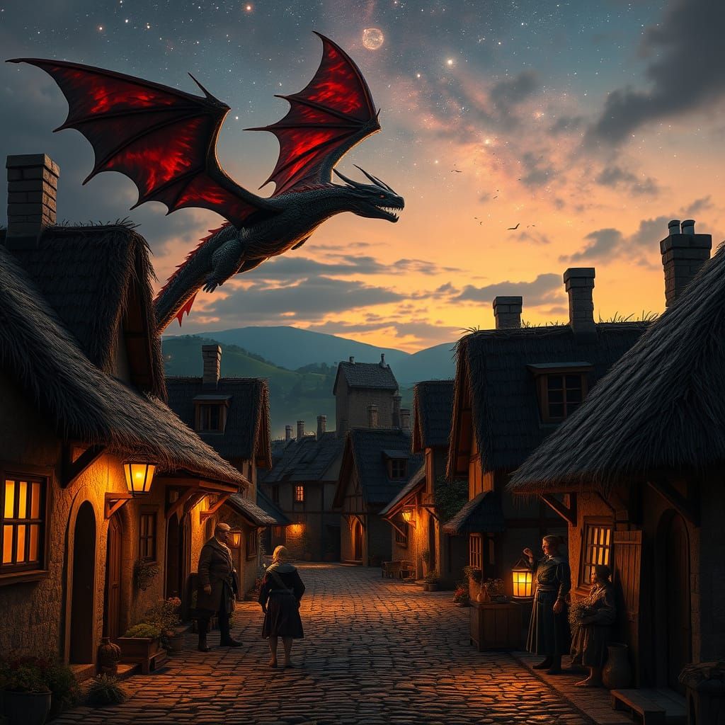 Serene Medieval Village Under Enchanted Night Sky