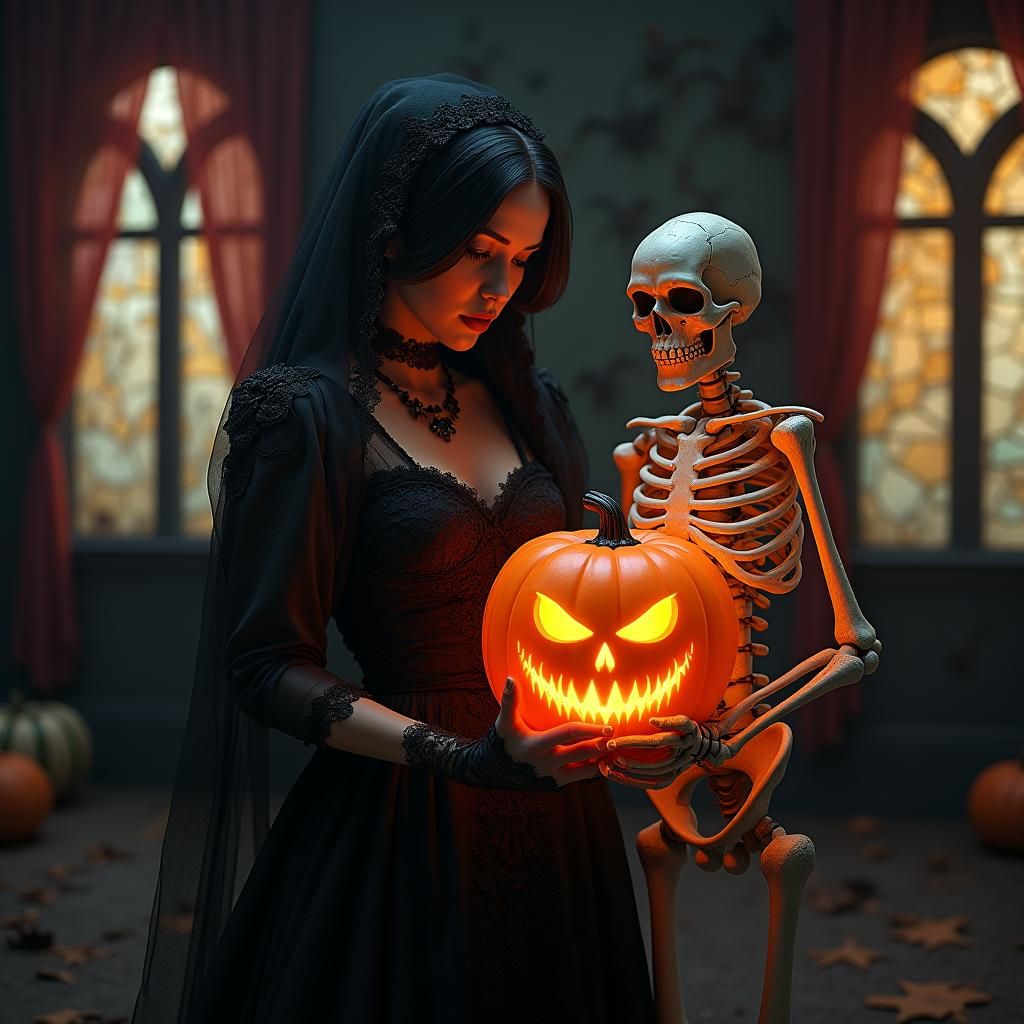 Woman with Neon Skeleton in Gothic Halloween House