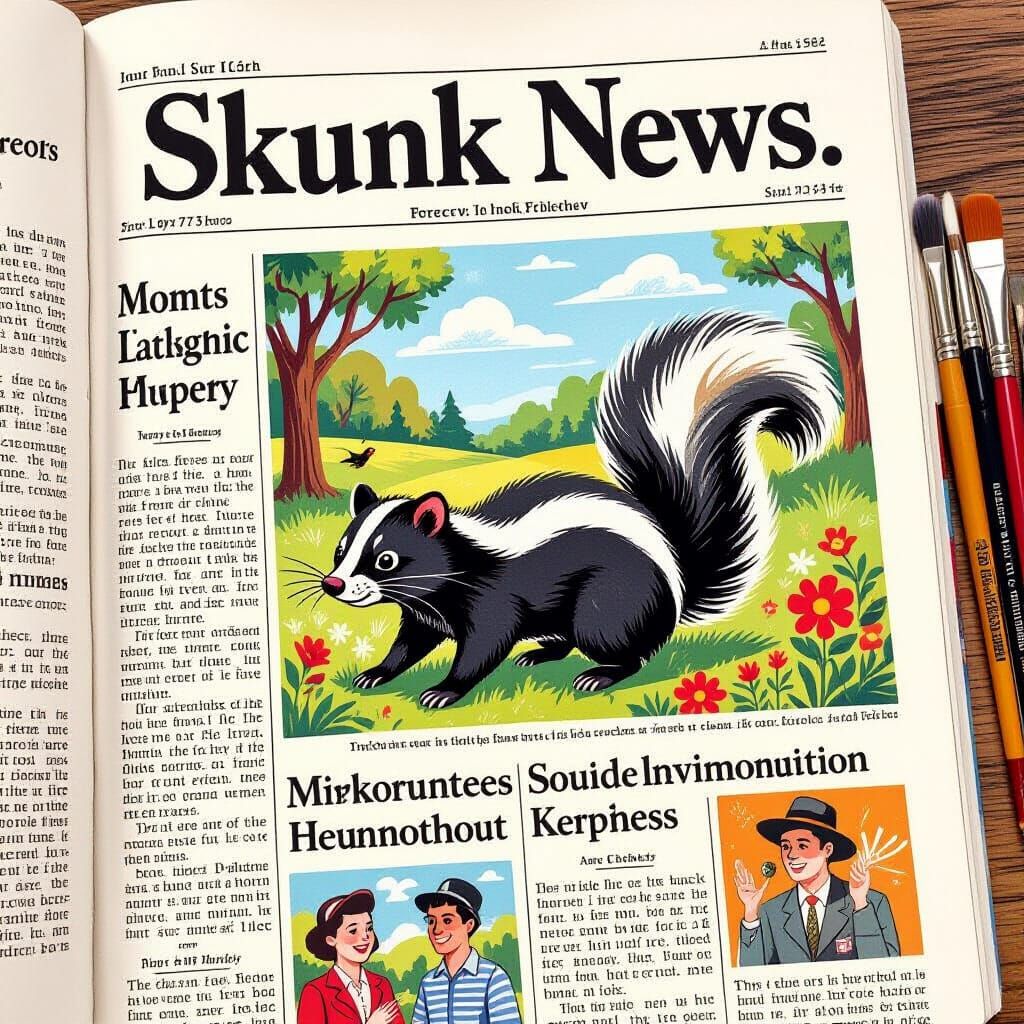 Skunk News Magazine Page Detailed Gouache Painting