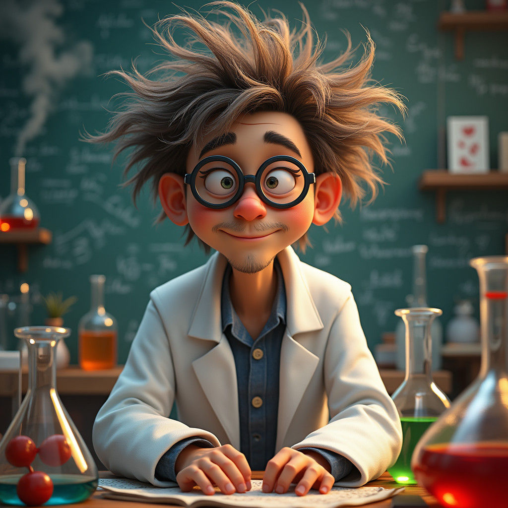 Eccentric Scientist Portrait in Lively Laboratory