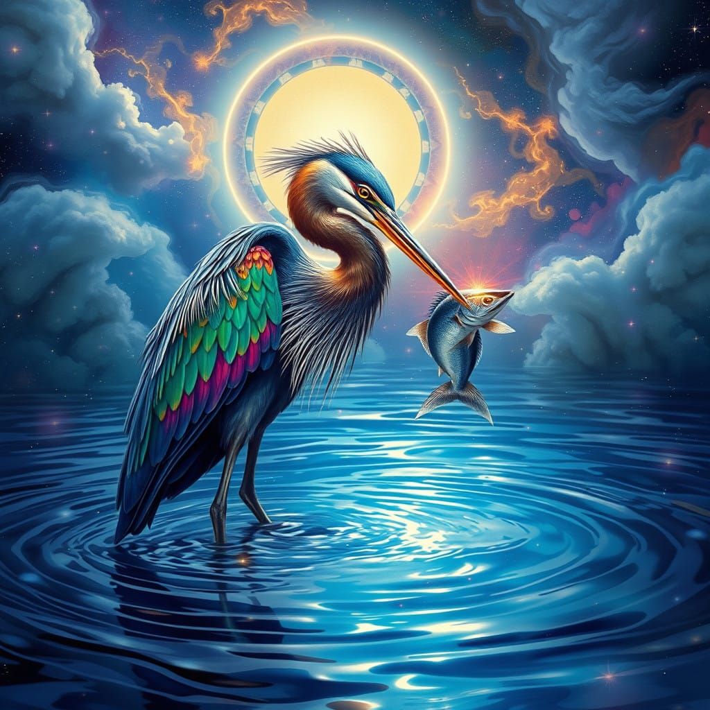 Ethereal Heron in Cosmic Paradise