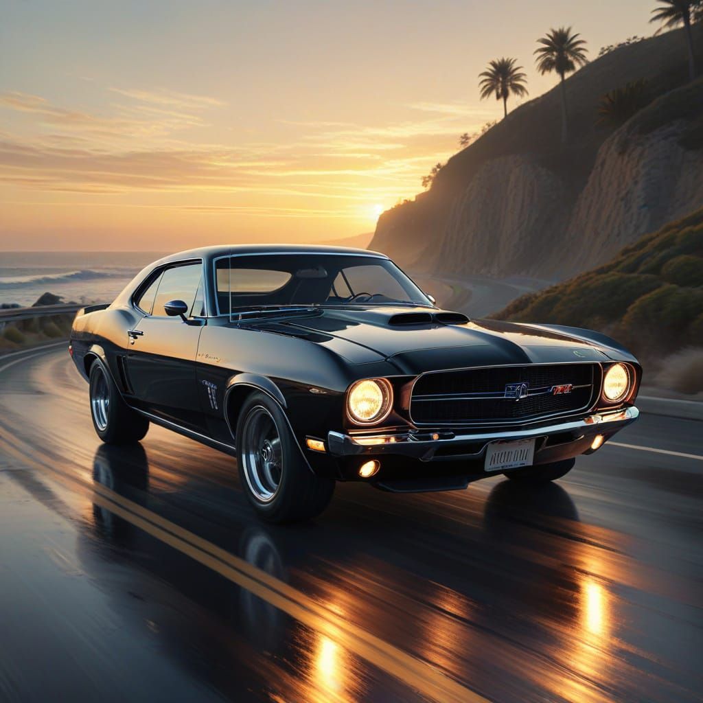 Black Cherry Muscle Car on Coastal Highway Oil Painting