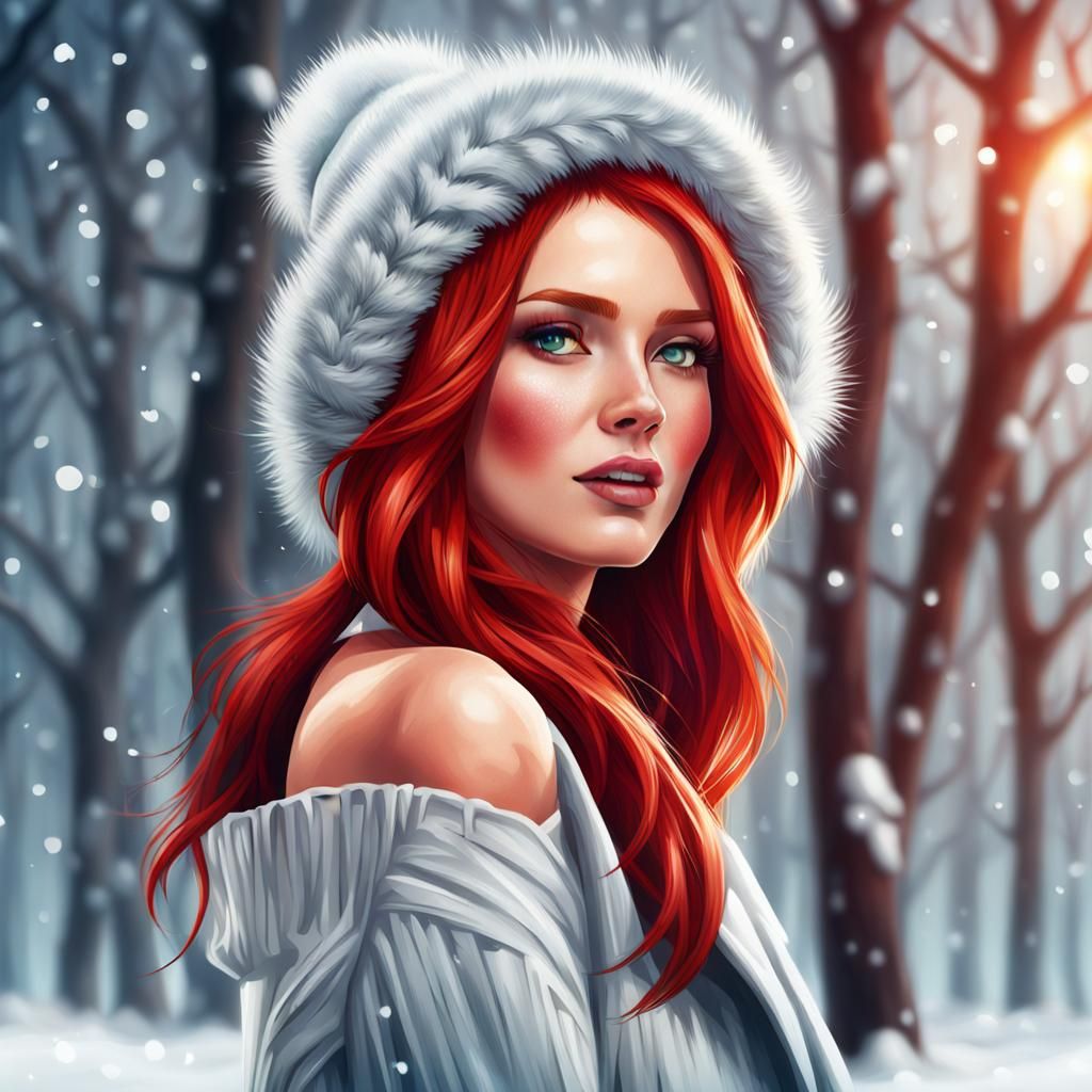 Winter's Red-Haired Muse in Photorealistic 4K