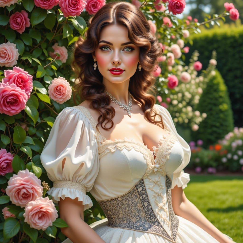 Romantic Brunette in Floral Garden, Alphonse Mucha Style