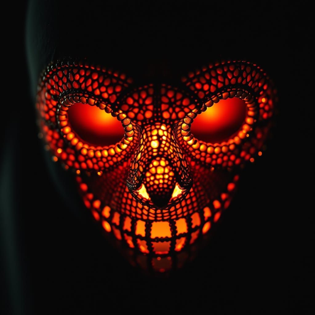 Eerie Beaded Gimp Mask in Photogravure Style