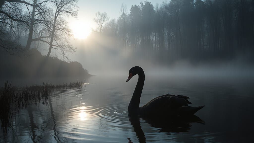 Black Swan in Foggy Lake at Dawn