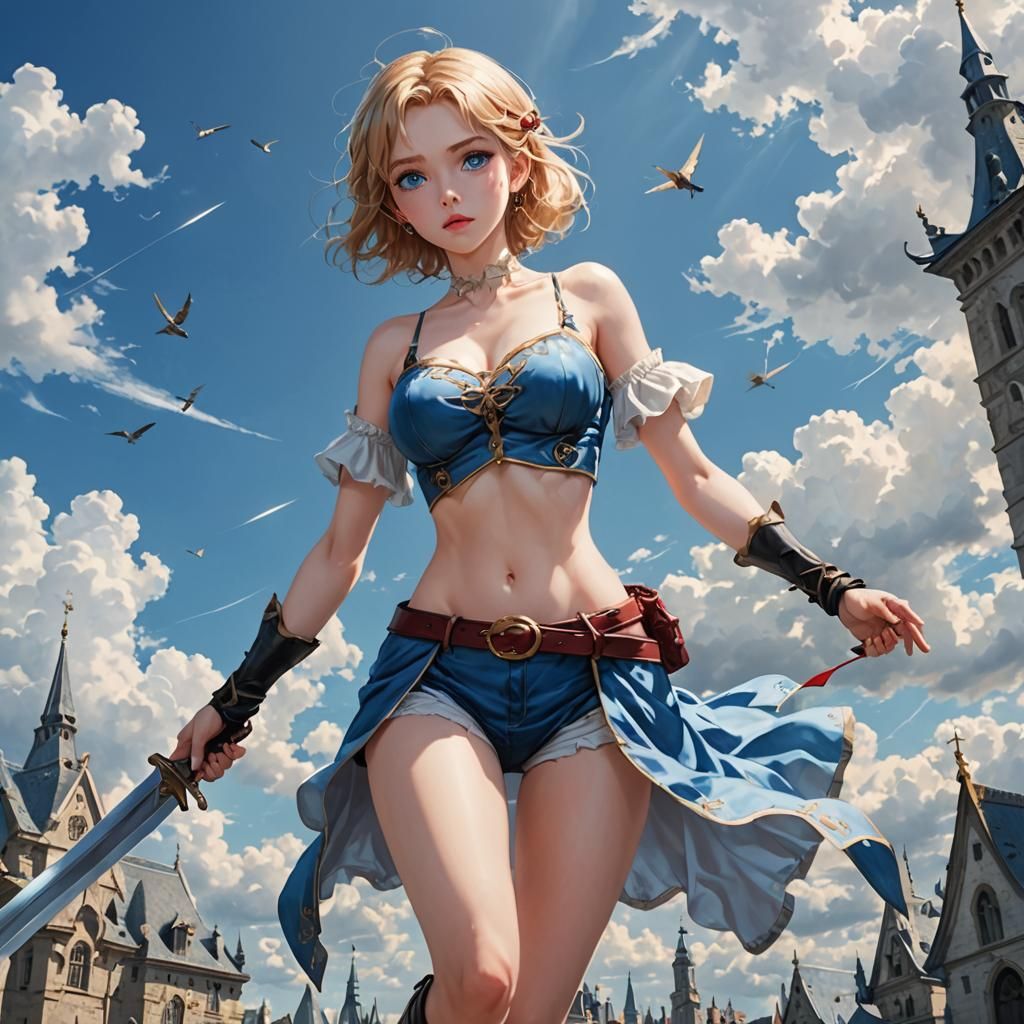 Anime Girl with Sword in Sky: 3D Render