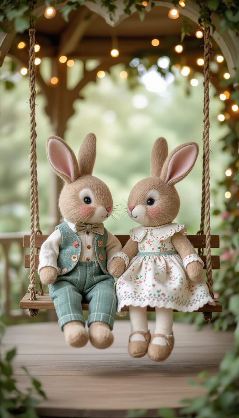 Felt Bunnies in Love on a Swing, Watercolor Illustration
