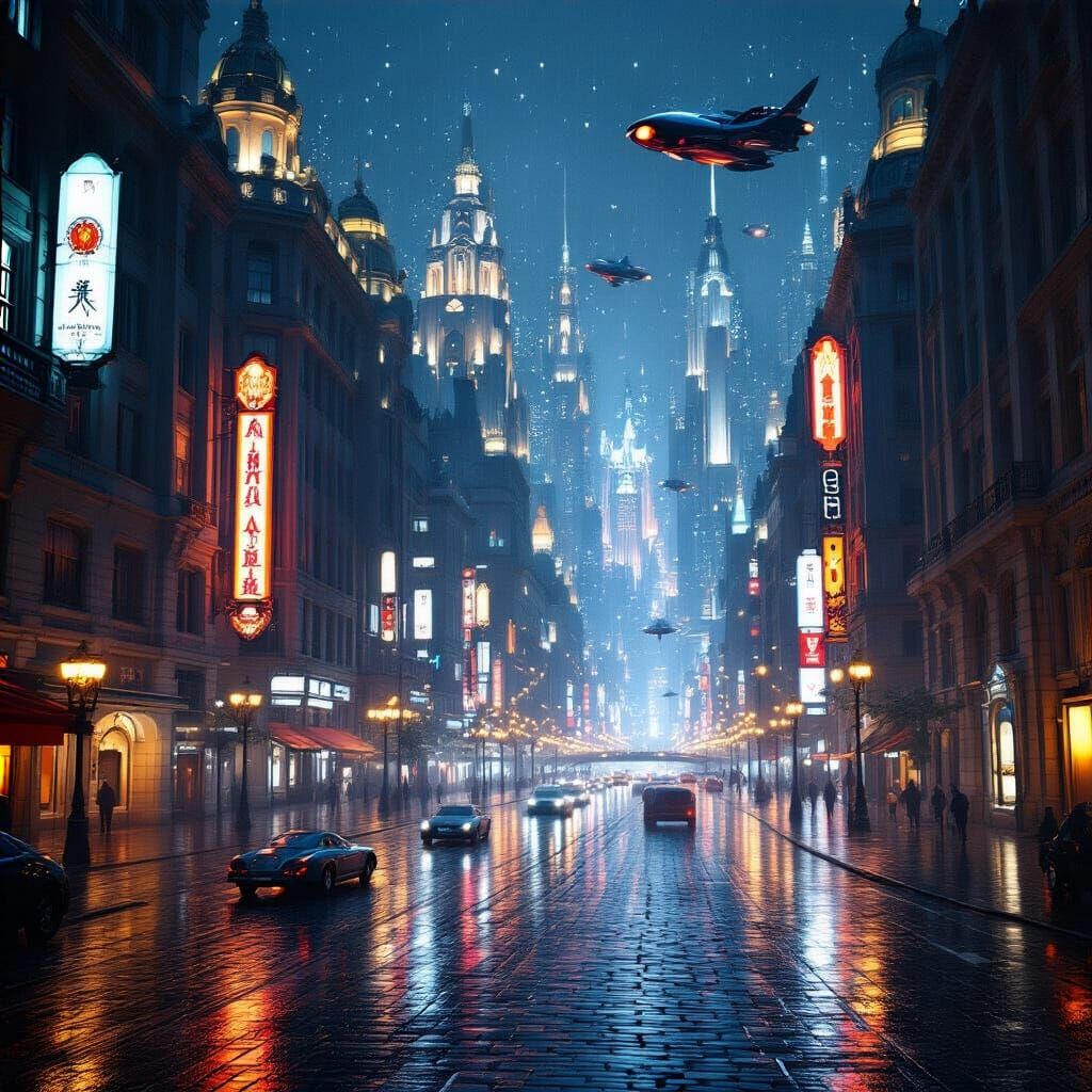 Art Deco Futuristic Cityscape at Night
