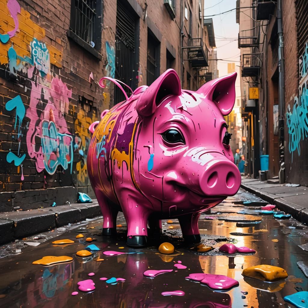 Surreal Street Art Piggy Bank in Alleyway