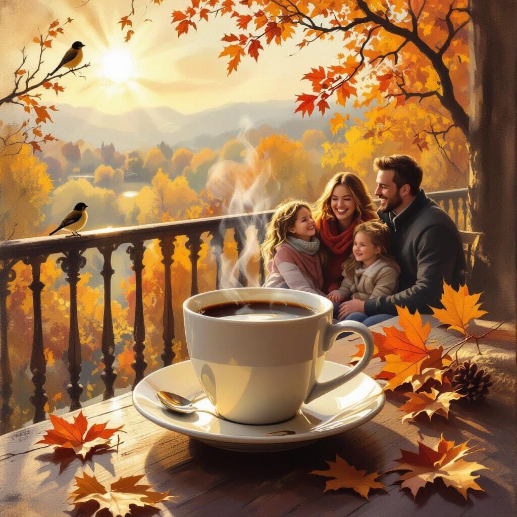 Autumn Balcony Coffee Scene with Golden Sunrays and Family