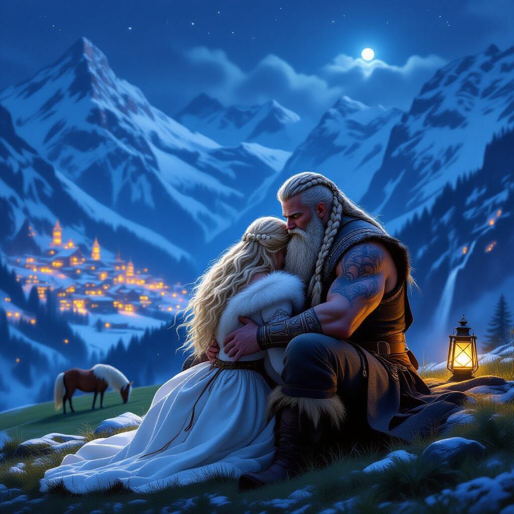 Viking Couple in Snowy Alps, Dark Fantasy Style