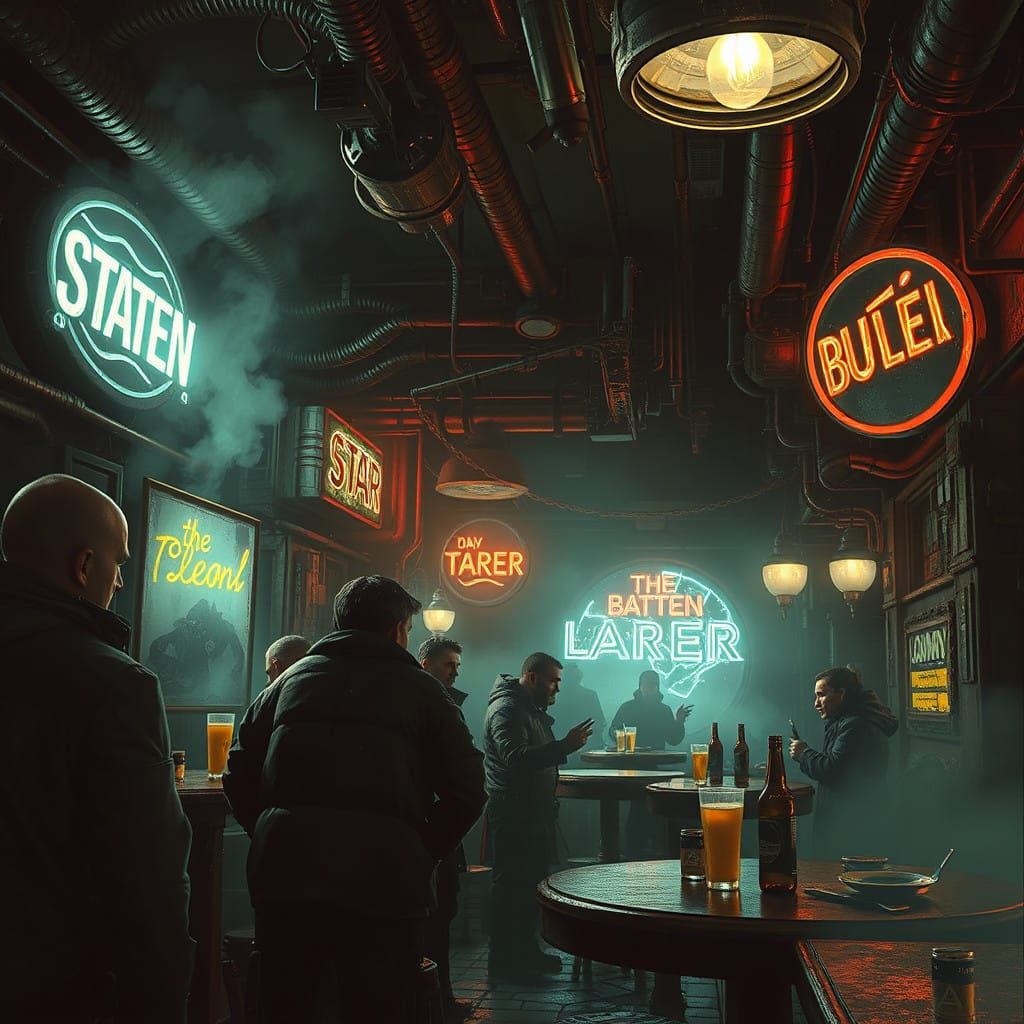 Rugged Dystopian Tavern Scene in Cyberpunk Style