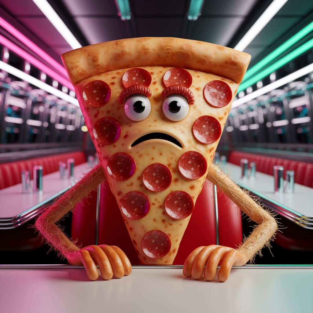 Anthropomorphic Pizza Slice in Retro Diner