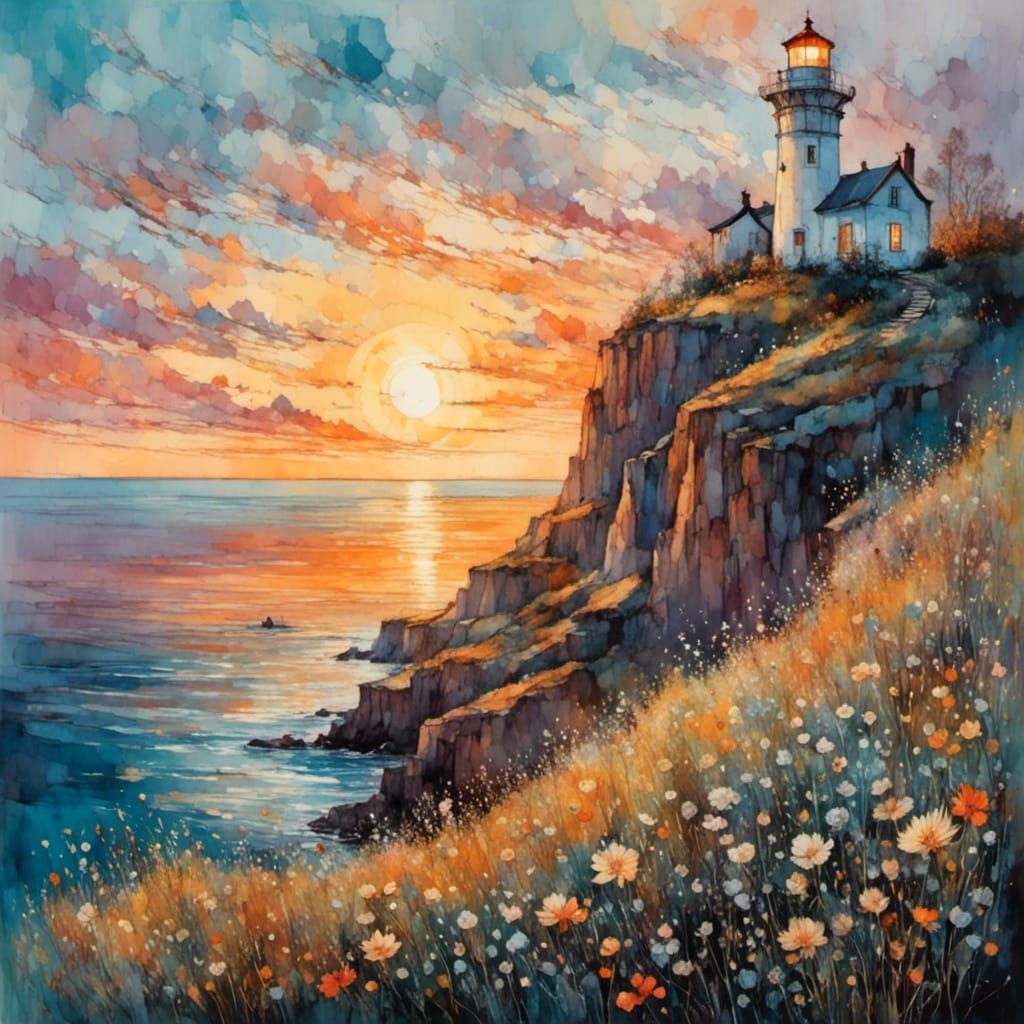 Luminous Lighthouse Amidst Vibrant Wildflowers at Sunset