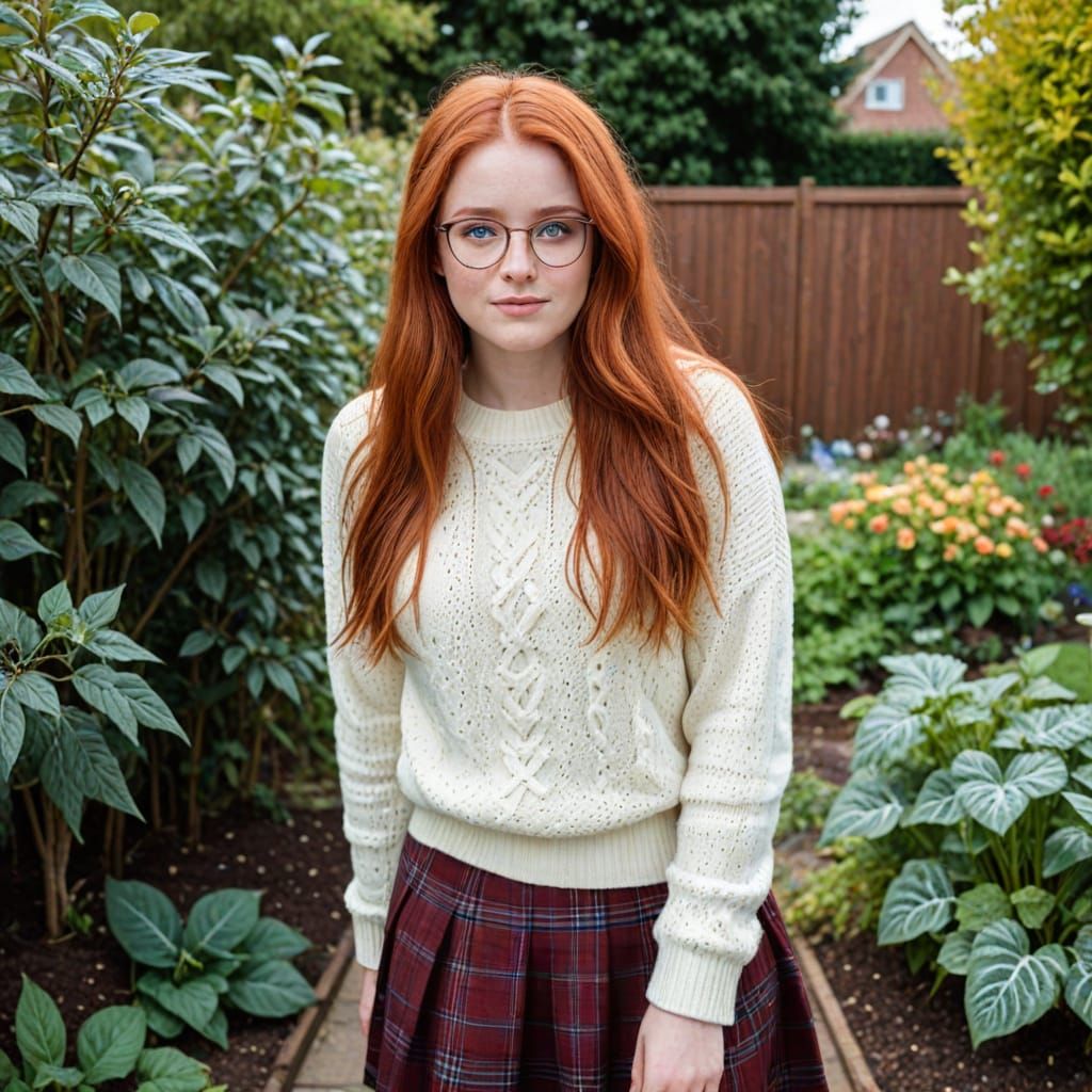 Young Woman with Red Hair in Garden
