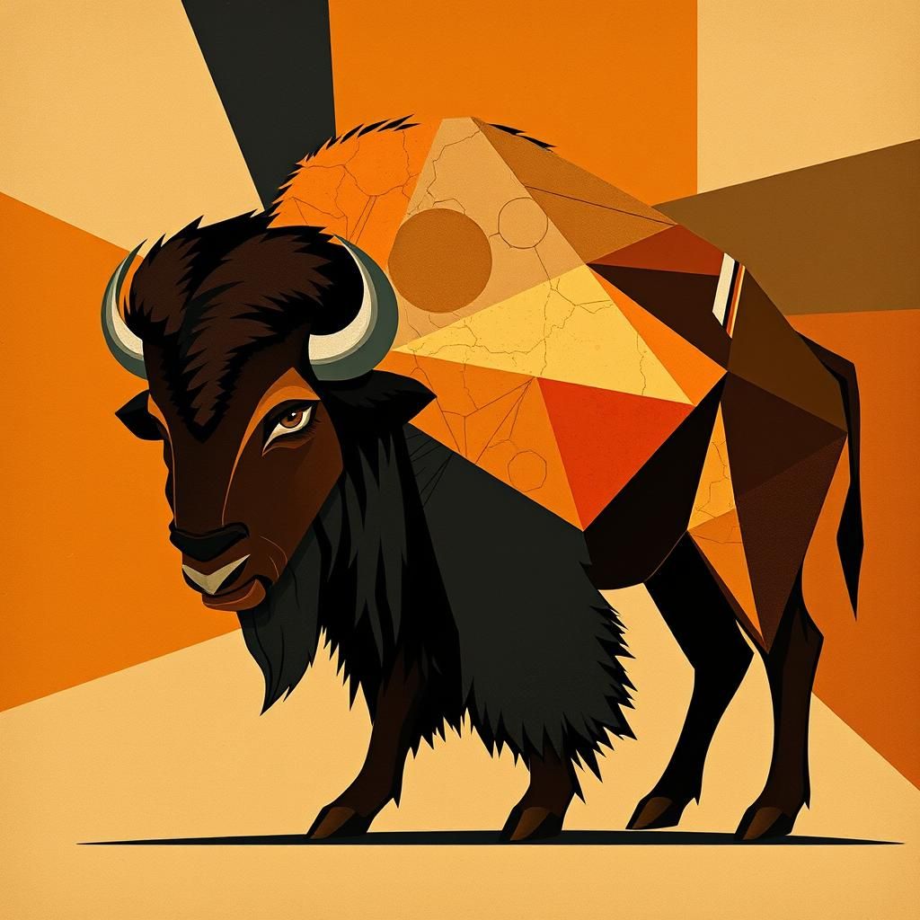 Abstract Art Deco Bison in Earth Tones