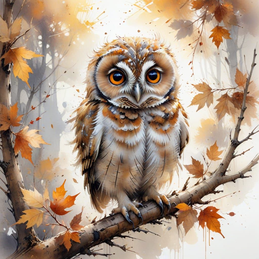 Adorable Owlet on Autumn Branch in Watercolour Style