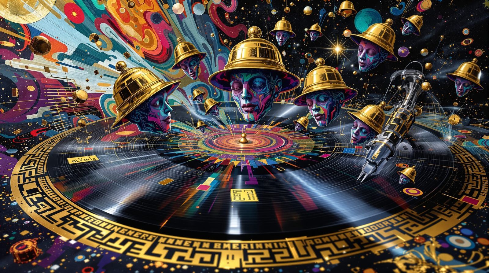 Floating Deco Heads on Record Platter in Psychedelic Style