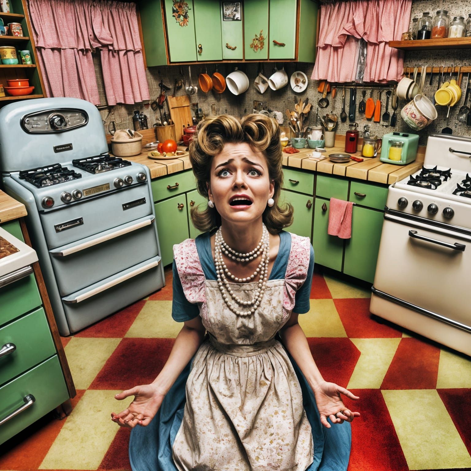 High Camp Housewife in Retro Kitchen Chaos