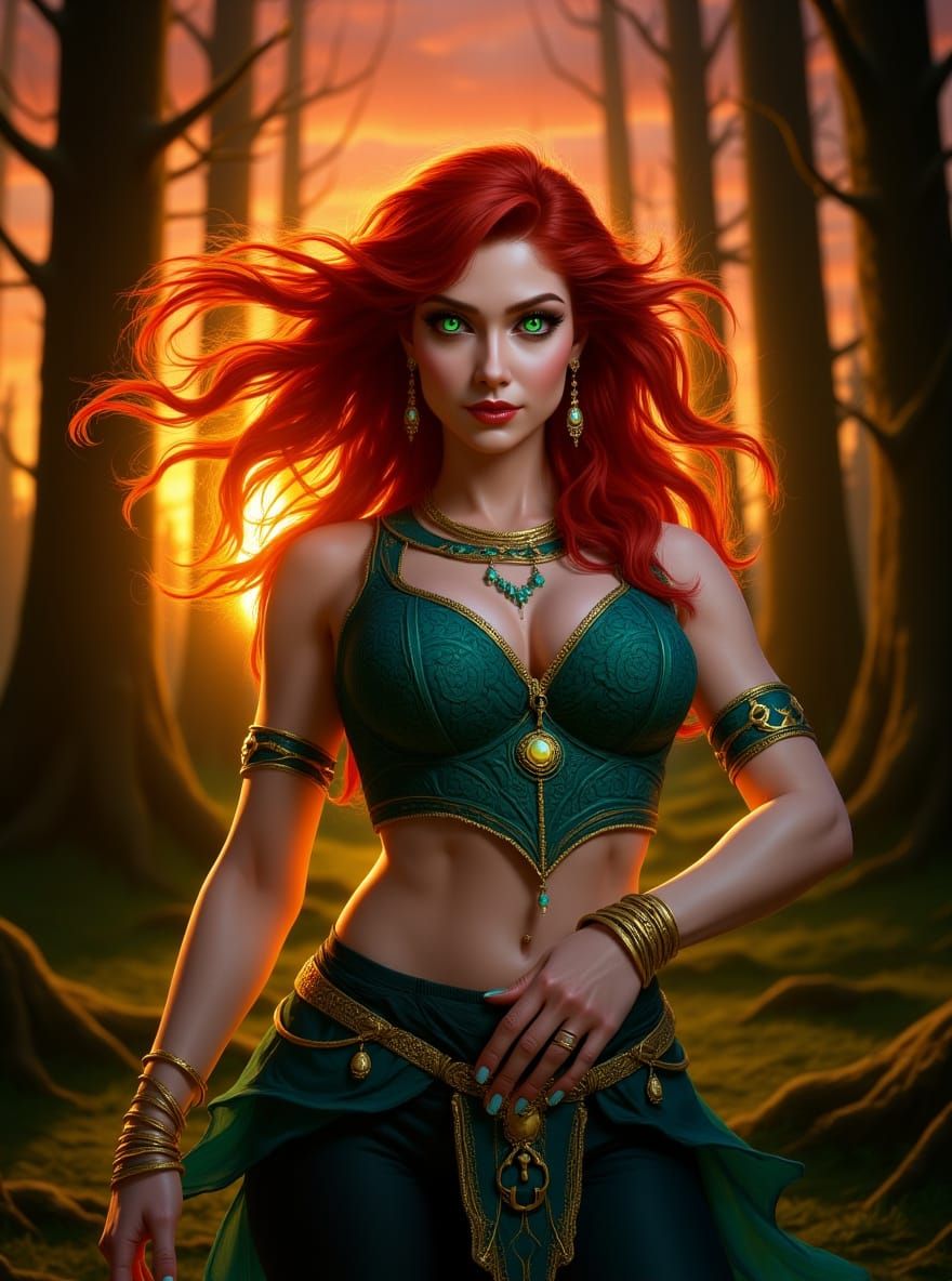 Bellydancer in Fiery Red Hair Amidst Ancient Forests