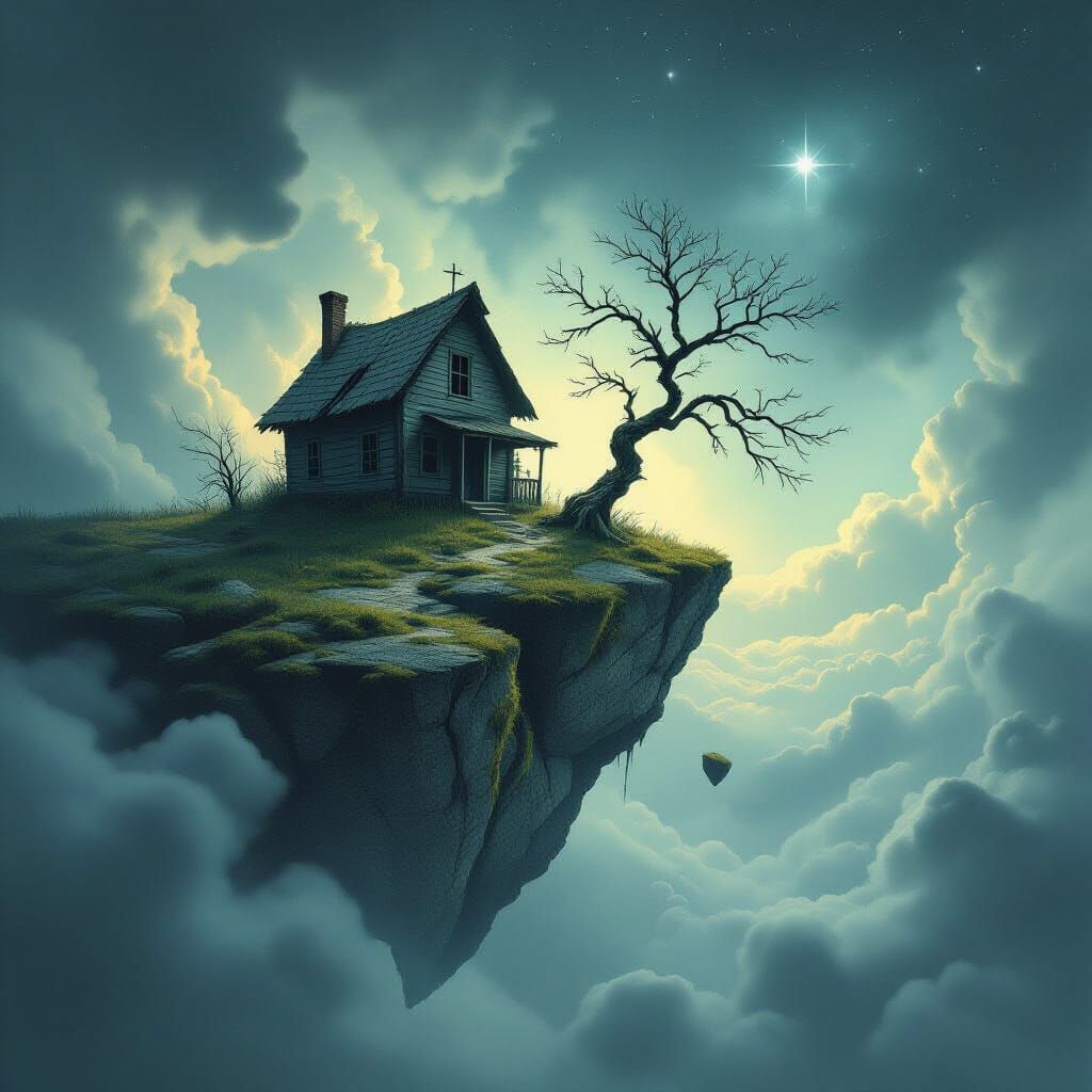 Dilapidated Farmhouse on Floating Rock in Starry Sky