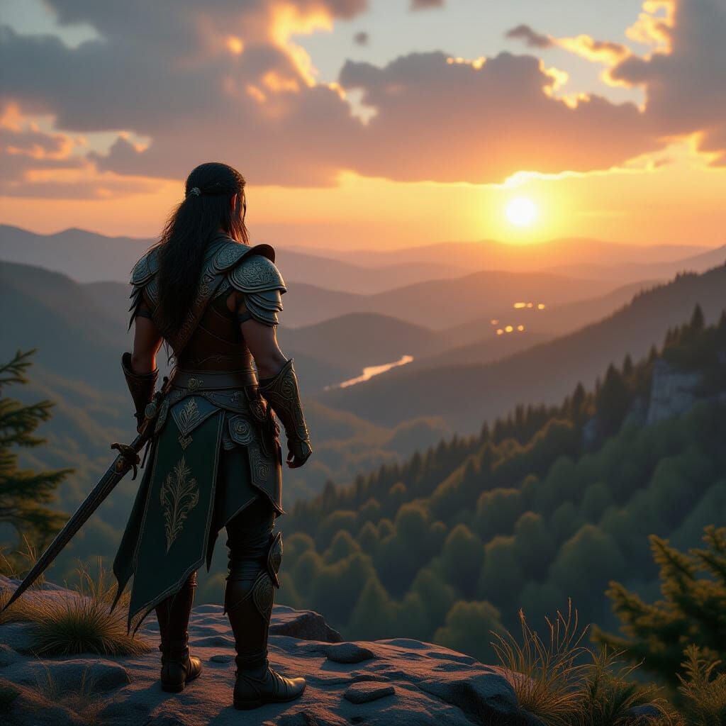 Elf Warrior Overlooking Untamed Wilderness at Sunset