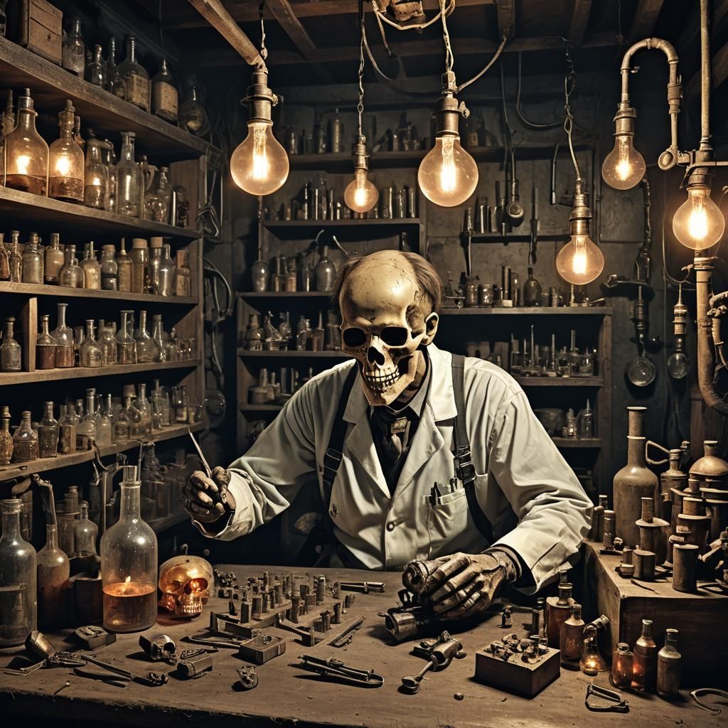 Steampunk Scientist's Skull Experiment in Dark Basement