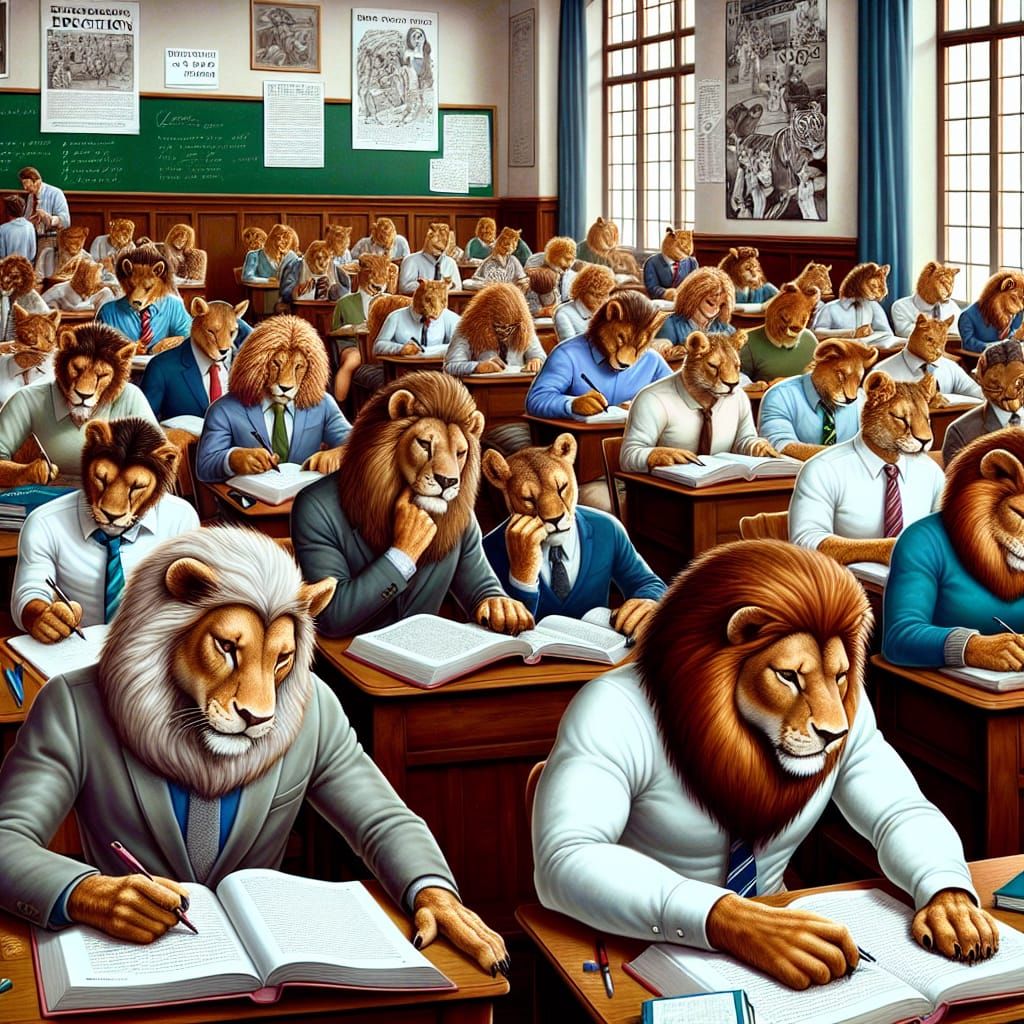 Lions Studying in College Classroom