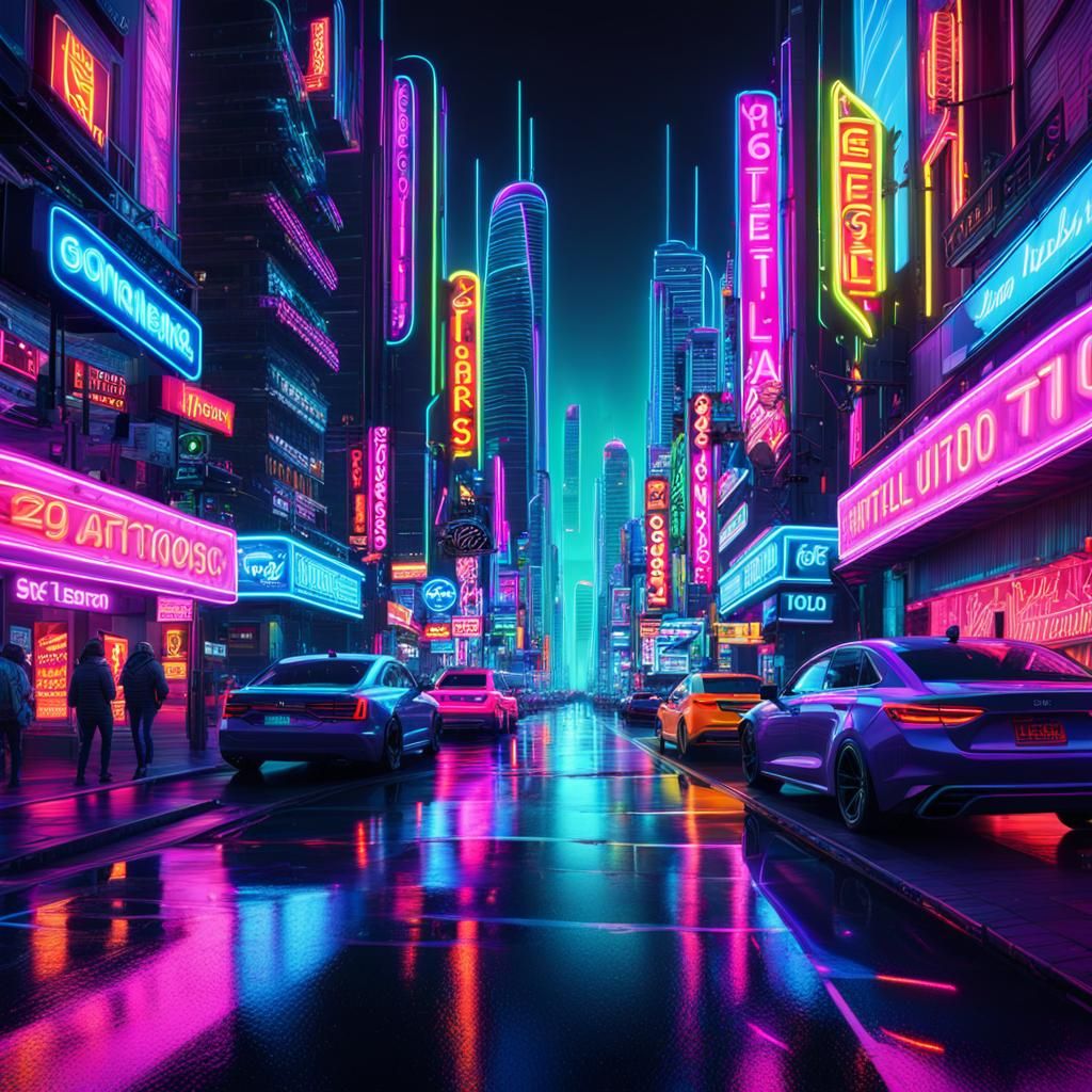 Vivid Neon Cityscape in Photorealistic Style