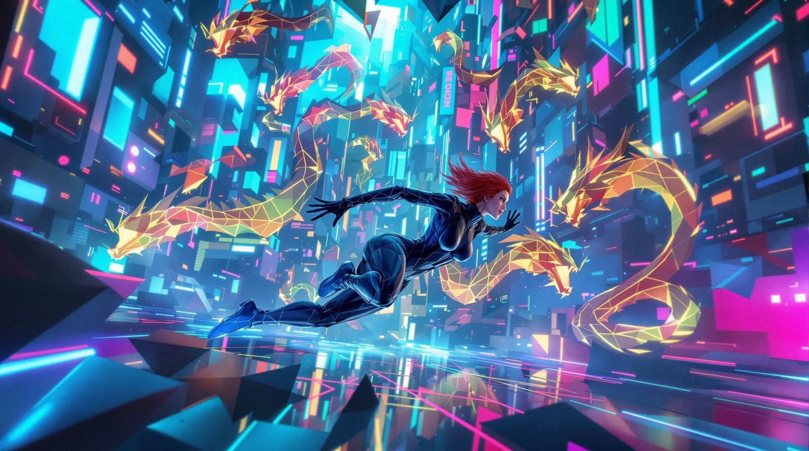 Neon Origami Cityscape: Hacker's Cyber Chase