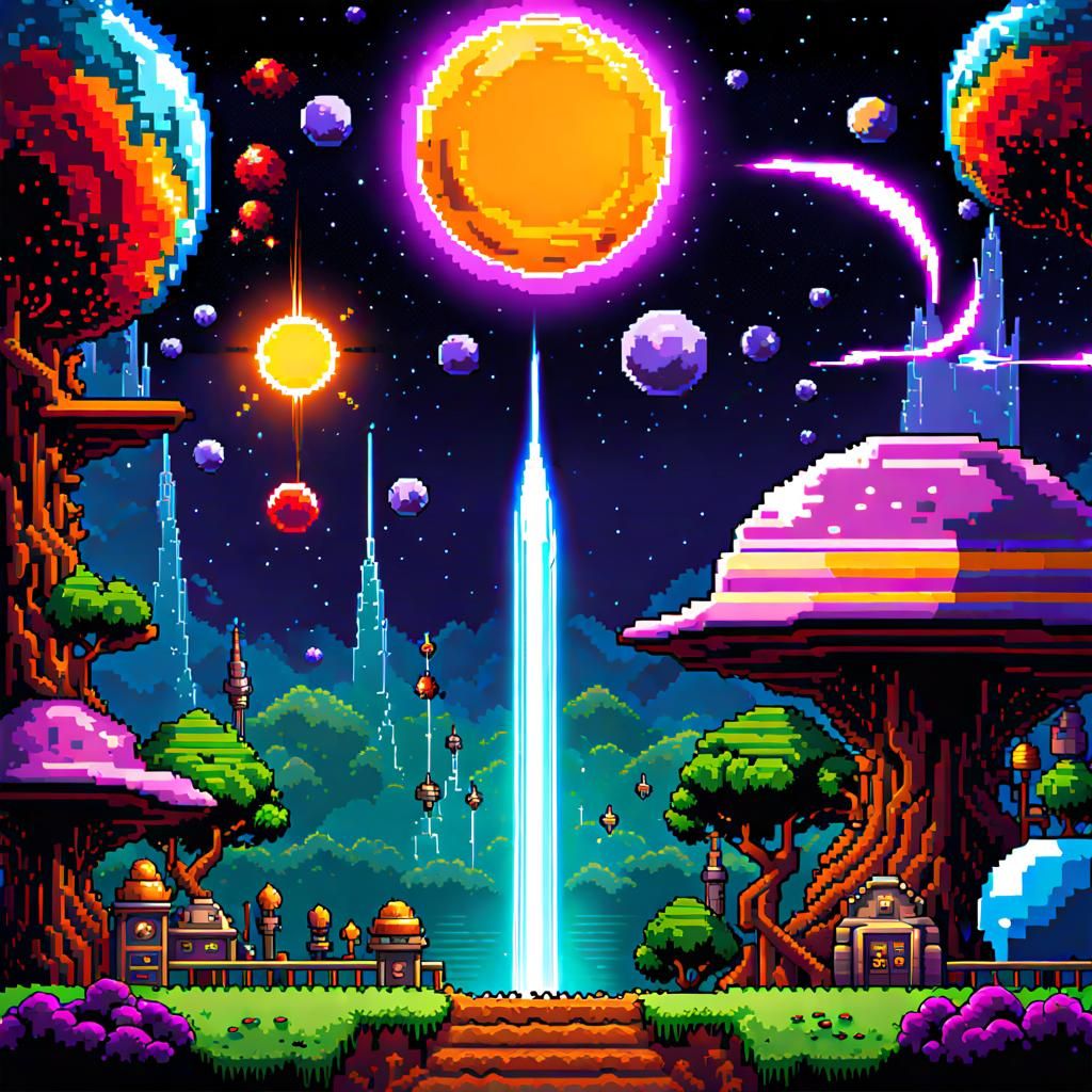 Terraria-Inspired 8-bit Cosmic Arcade Scene
