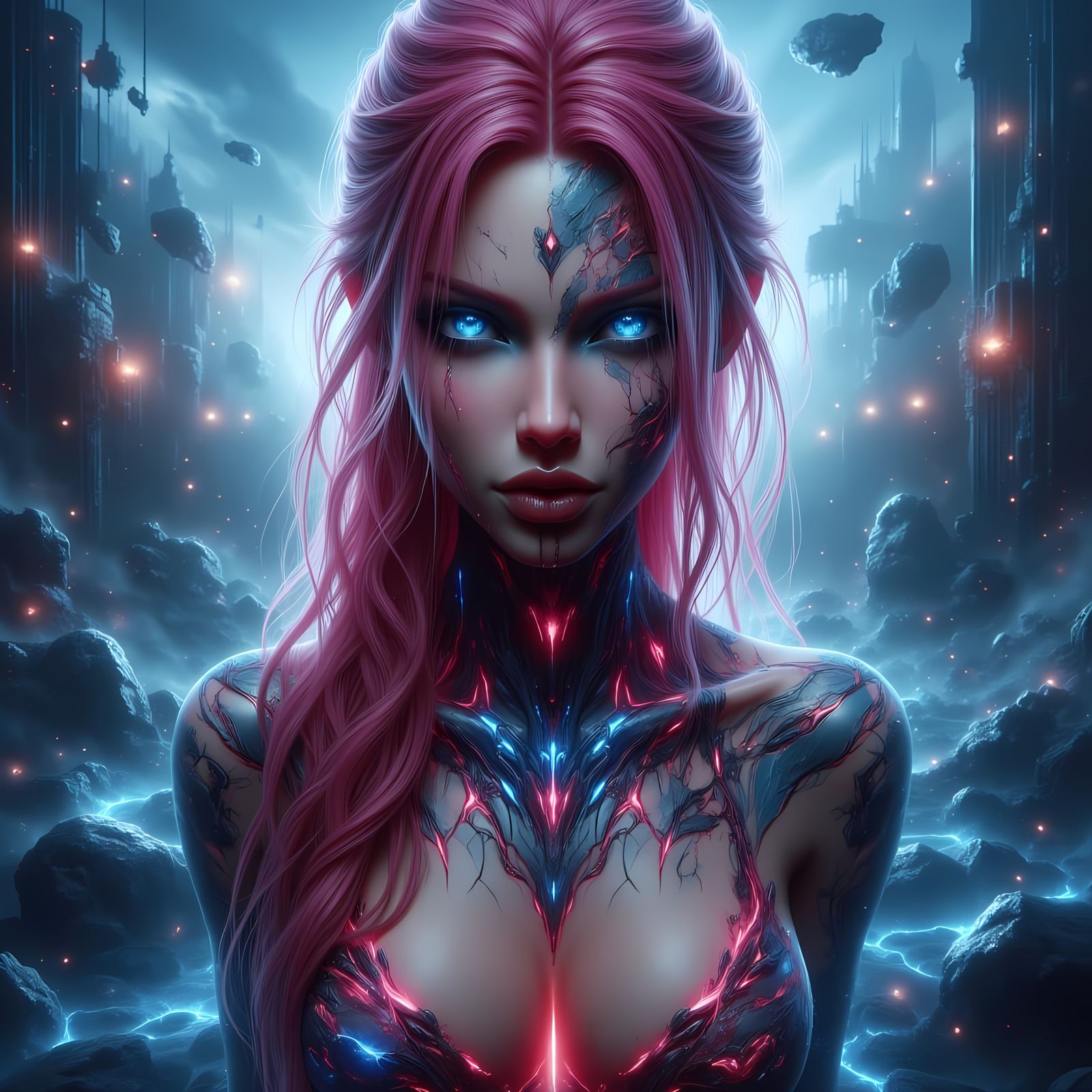 Pink-Haired Girl with Tattoos on Dramatic Seascape