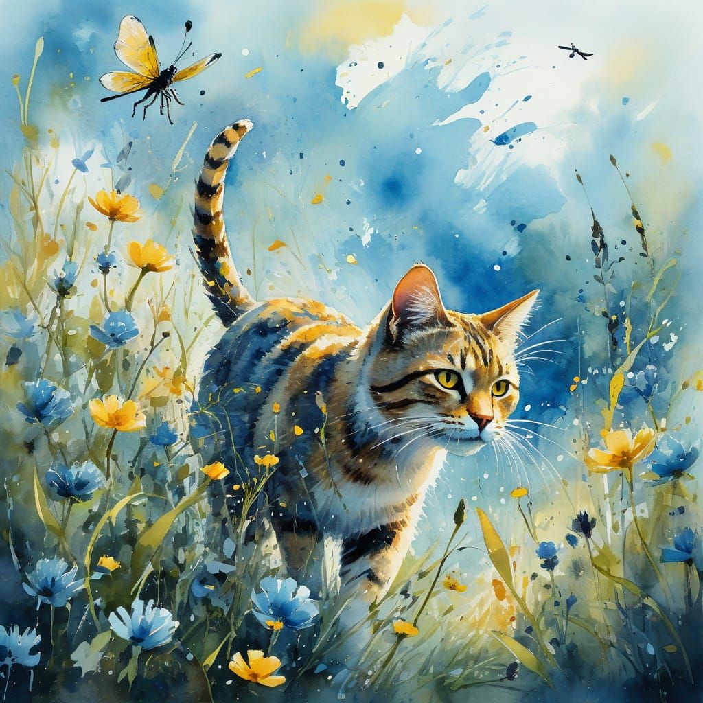 Cat Chasing Dragonfly in Watercolor Field