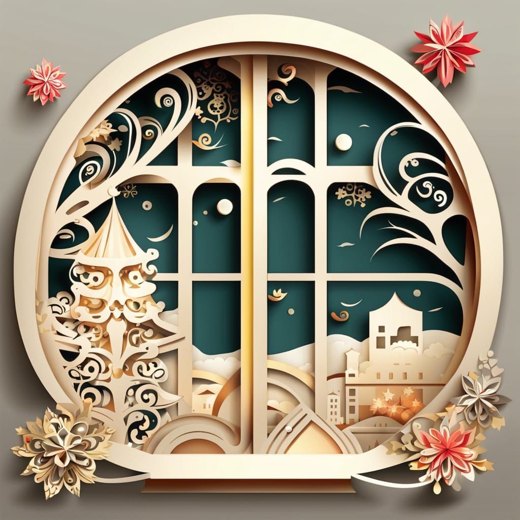 New Year Window in Paper Art Style