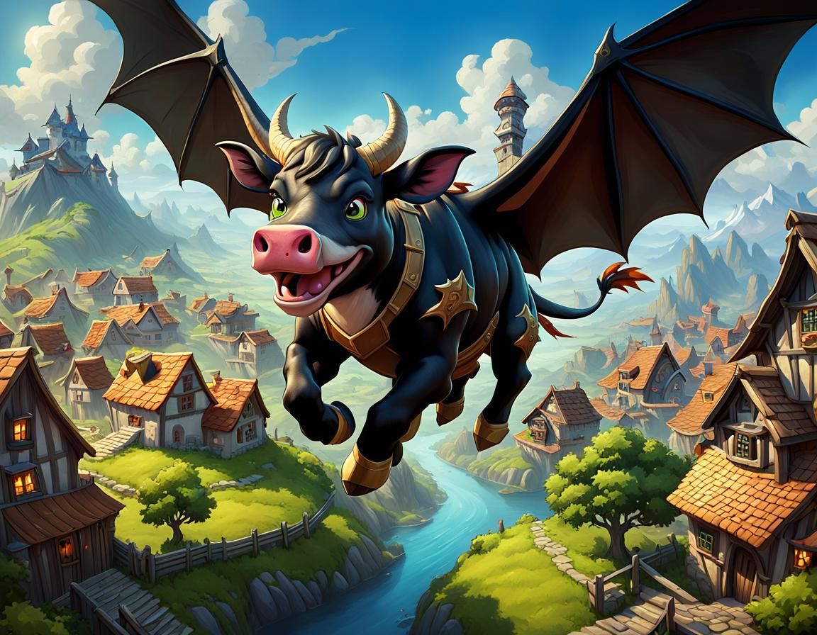 The Bovine Aviator: A Fanciful Flight Over Fairytale Fields